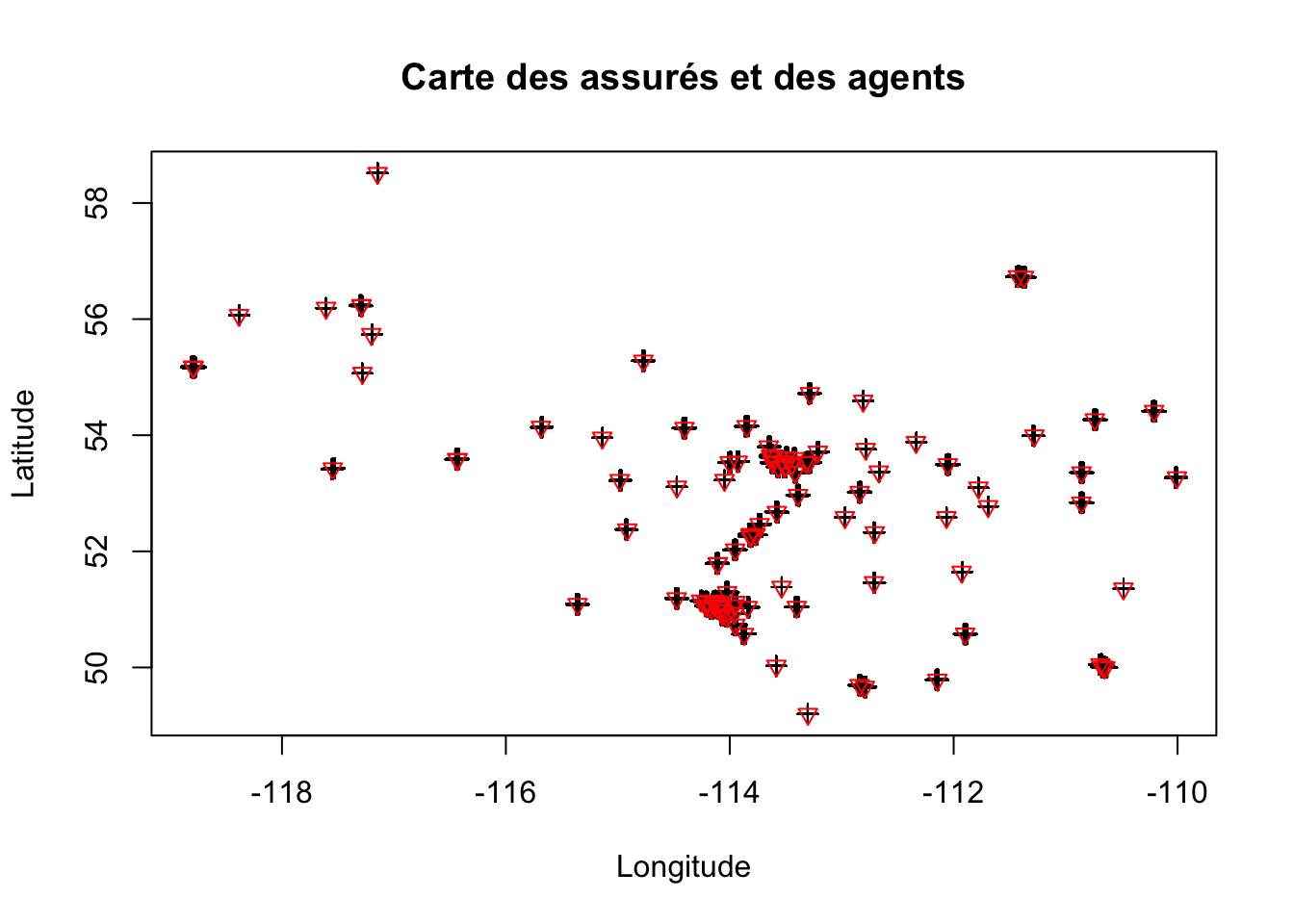 Carte des assurés (croix noires) et des agents (triangles rouges) en Alberta