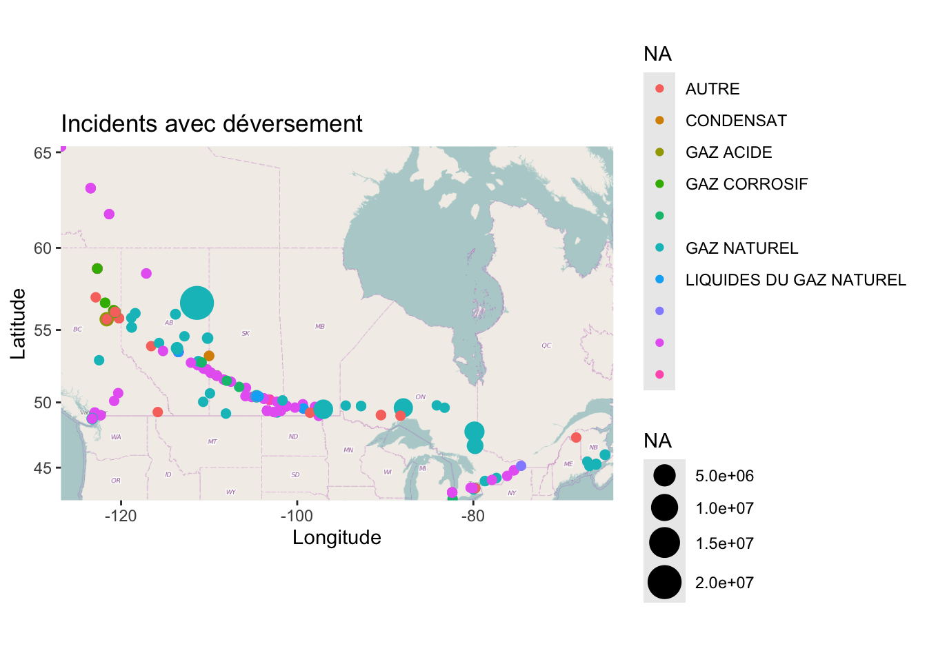 Carte des incidents avec déversement — la couleur indique le type de produit, la taille la quantité déversée