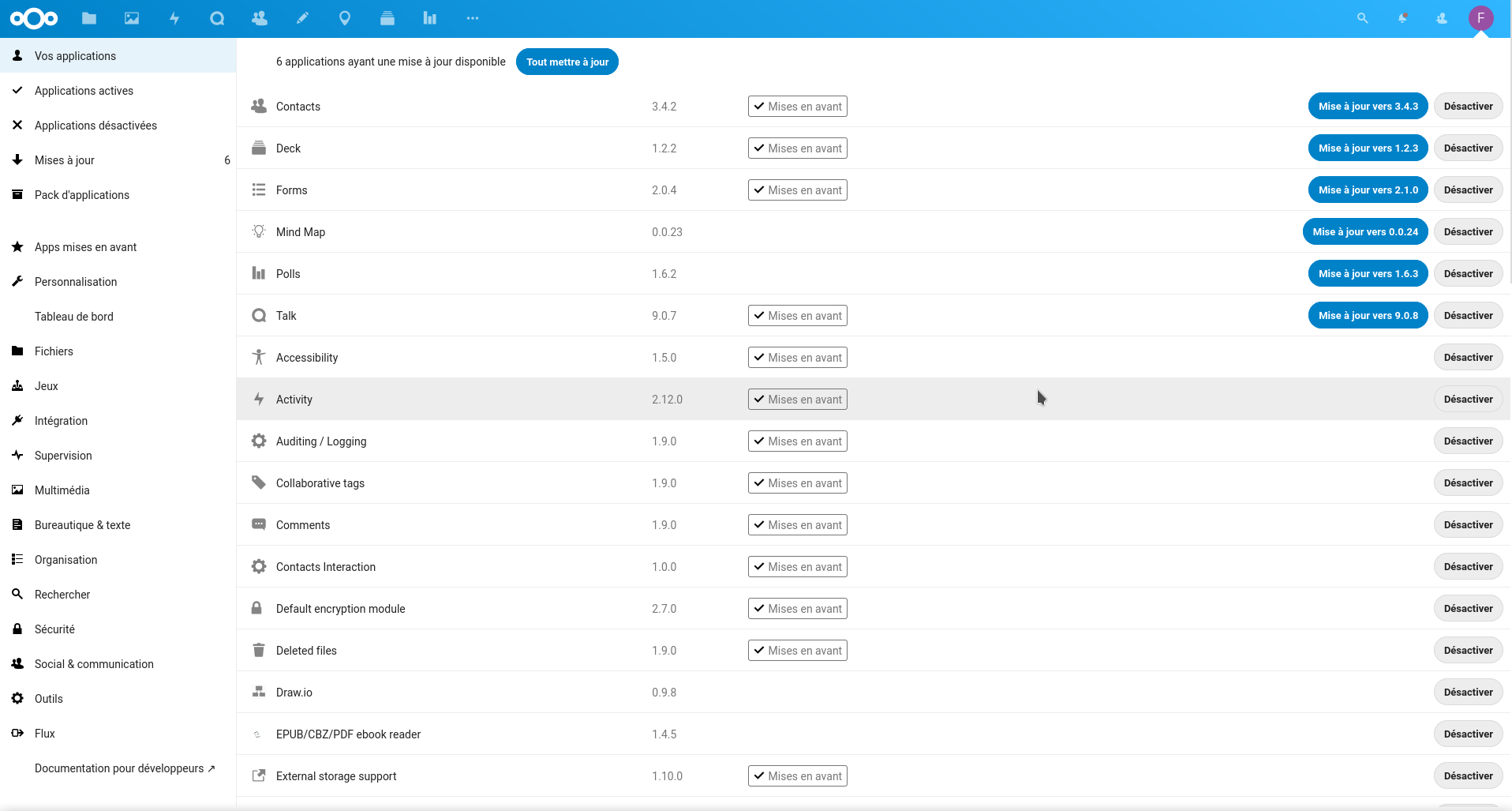 Tableau des applications