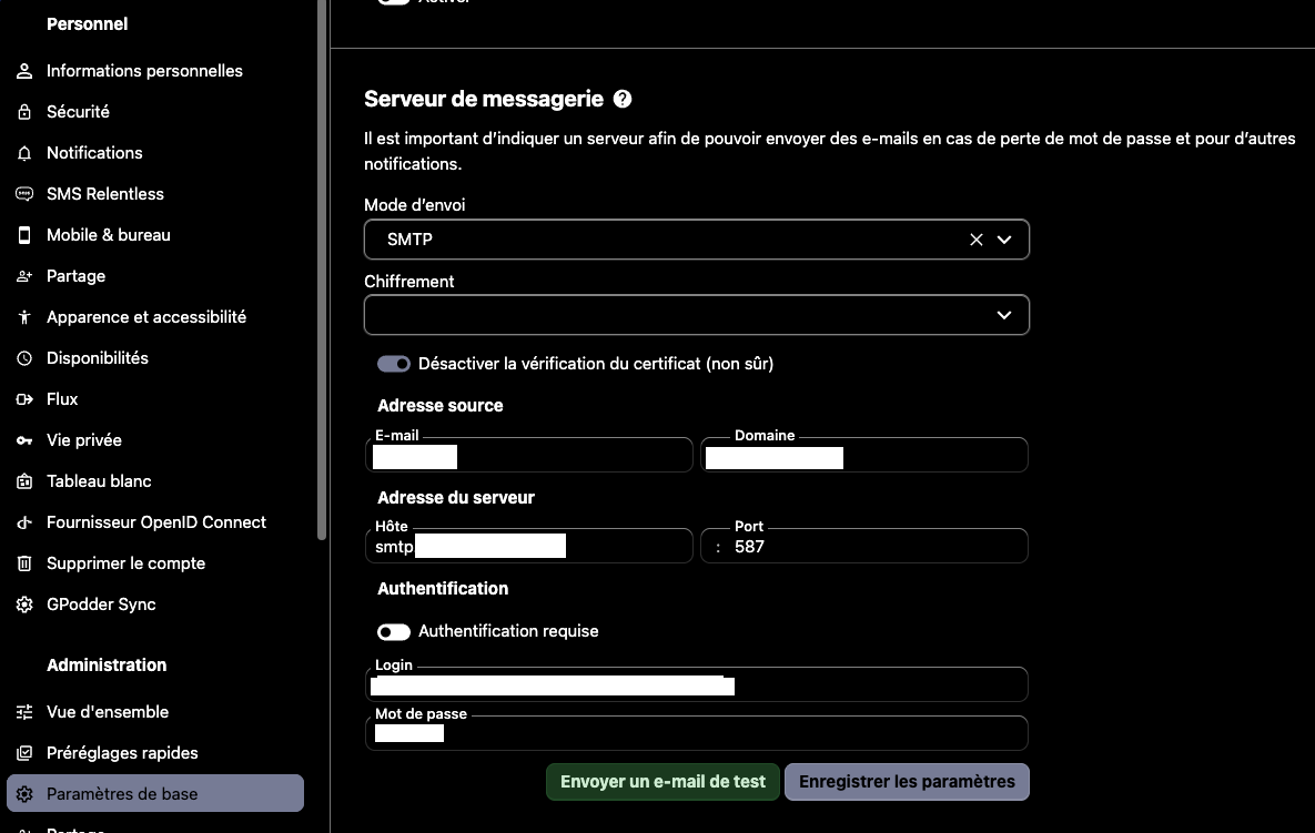 Configuration du serveur de messagerie pour Nextcloud
